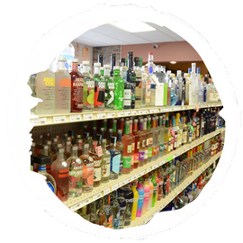 Liquor bottles on shelves at Trackside Liquors Geneseo IL